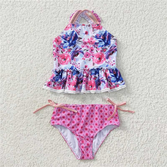 S0156 Floral lace rose red swimsuit set