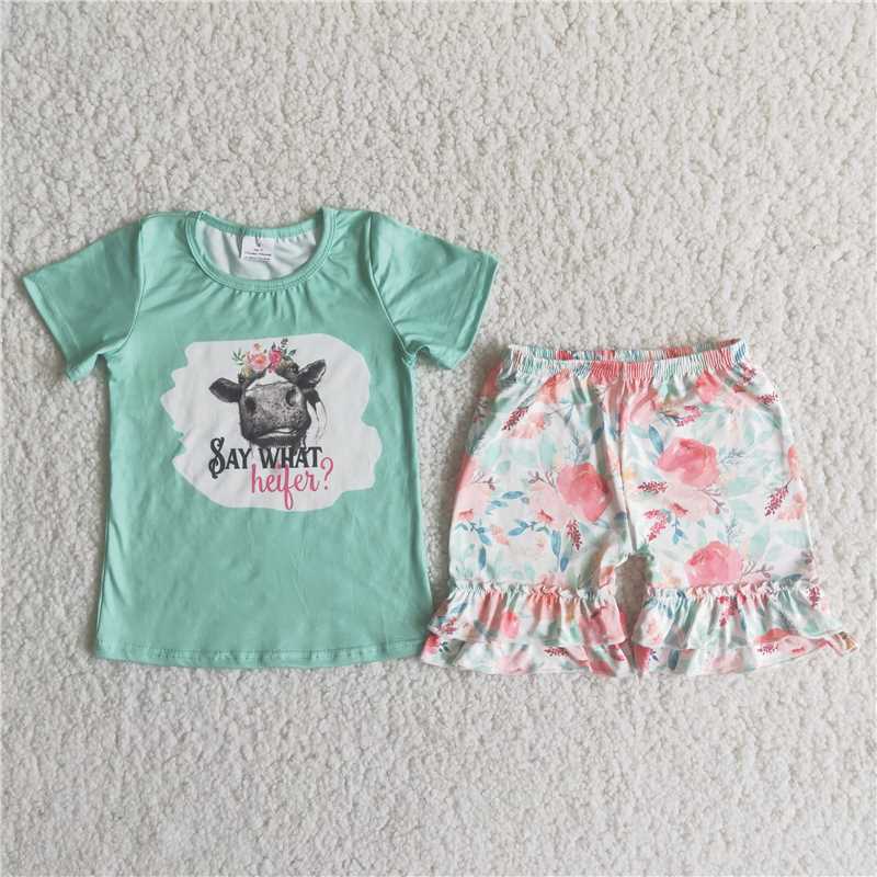 summer girls outfits cow say what heifer t-shirt & floral shorts kids clothes