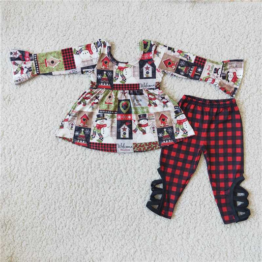 merry Christmas snowman girls outfits shirt & pants fall winter sets