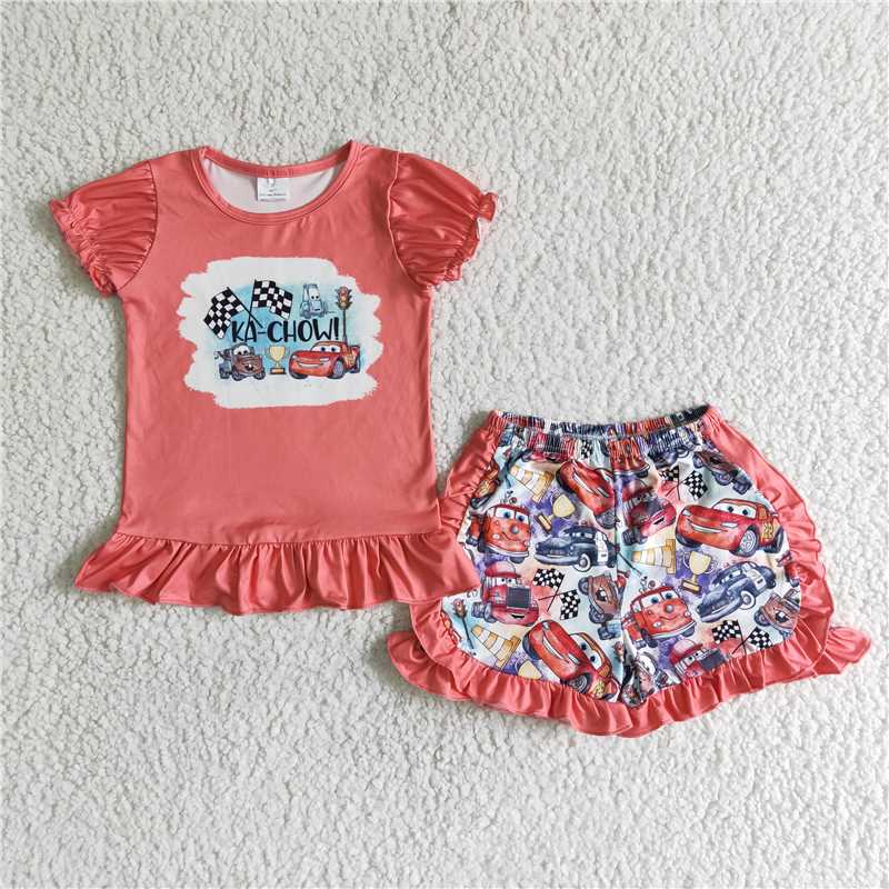 summer girls outfits ka-chow t-shirt & cars shorts kids clothes