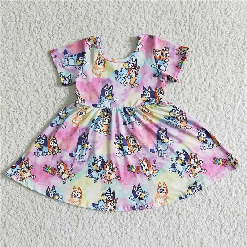 pink girls dress short sleeve blue dogs skirt