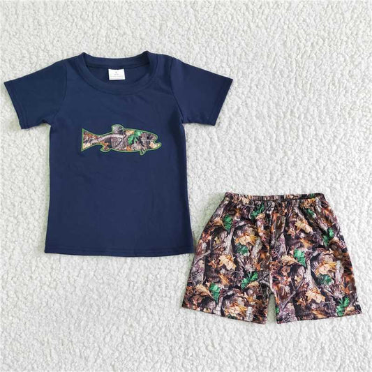 BSSO0010 Dark blue short-sleeved embroidered fish shorts with leaf pattern set