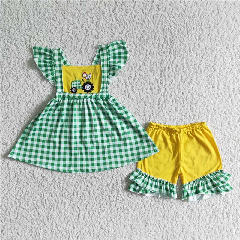 summer girls outfits embroidery trunk chicken t-shirt & shorts 2pieces sets