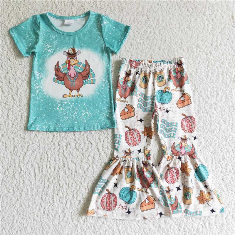 Thanksgiving turkey girls sets short sleeve top & pants 2 pieces outfits