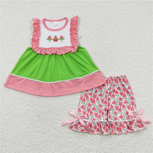 Embroidered watermelon top & shorts girls summer outfits