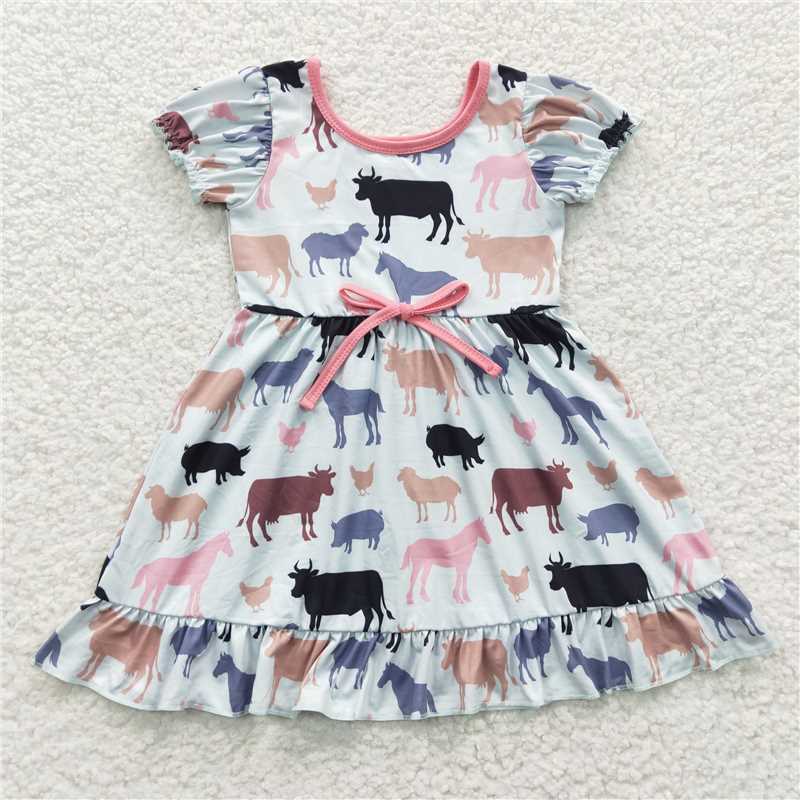 girls dress short sleeve cows hores farm kids skirts