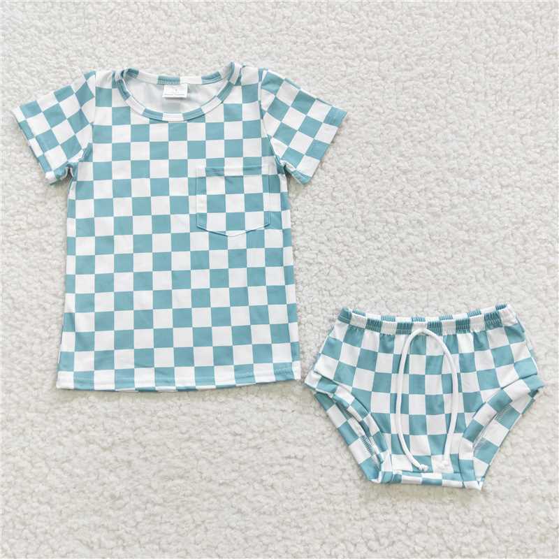 white and blue plaid Girls baby bummies sets kids clothes