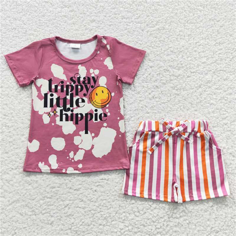 smiley face hippie girls t-shirt & shorts sets kids clothes