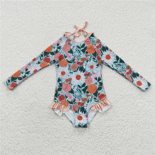 S0084 Colorful floral green long-sleeved one-piece swimsuit