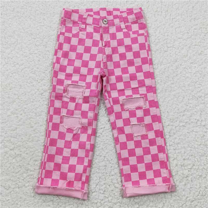 pink Plaid girls bells hole jeans