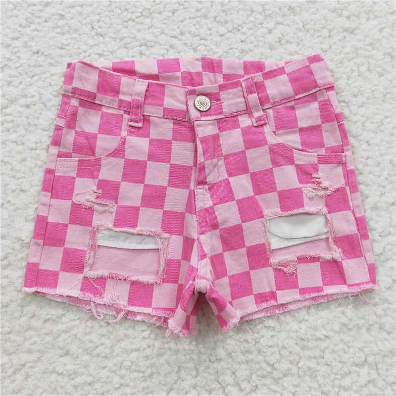 Plaid cut hole jeans button girls denim shorts