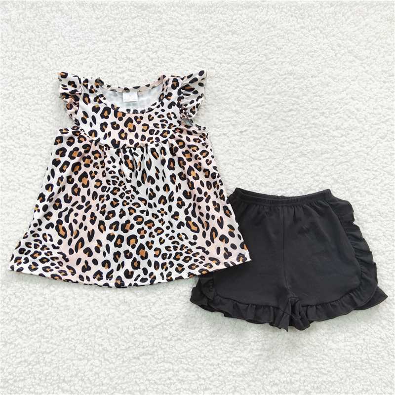 leopard girls outfits tops & black shorts sets summer kids clothes