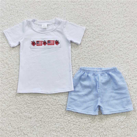 embroidered fireworks July4th boys shorts outfits kids clothes