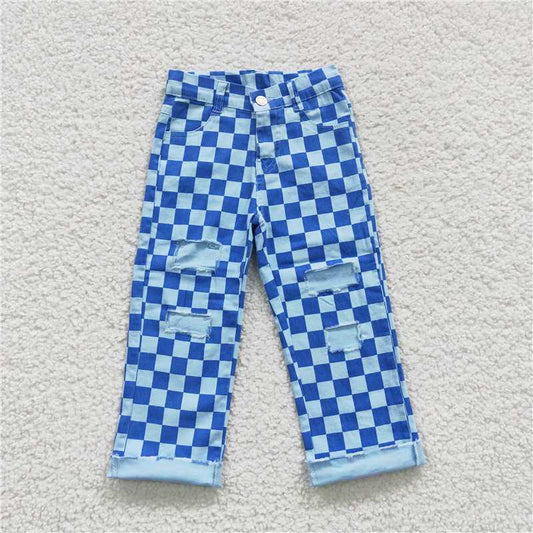 hole girls bells blue Plaid jeans long pants