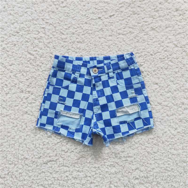 blue Plaid girls denim shorts