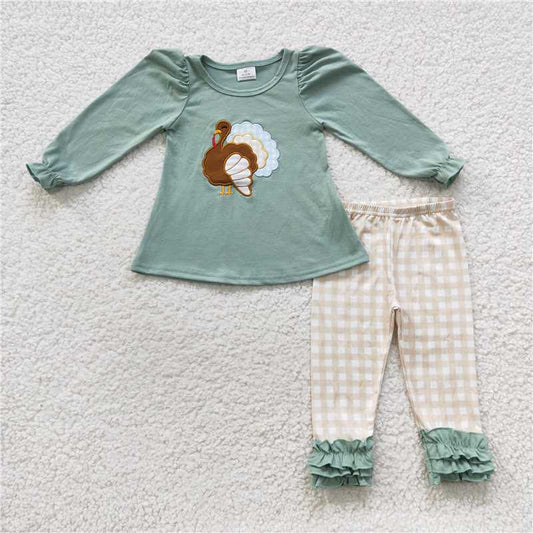 embroidery Thanksgiving turkey girls sets long sleeve top & pants 2 pieces outfits