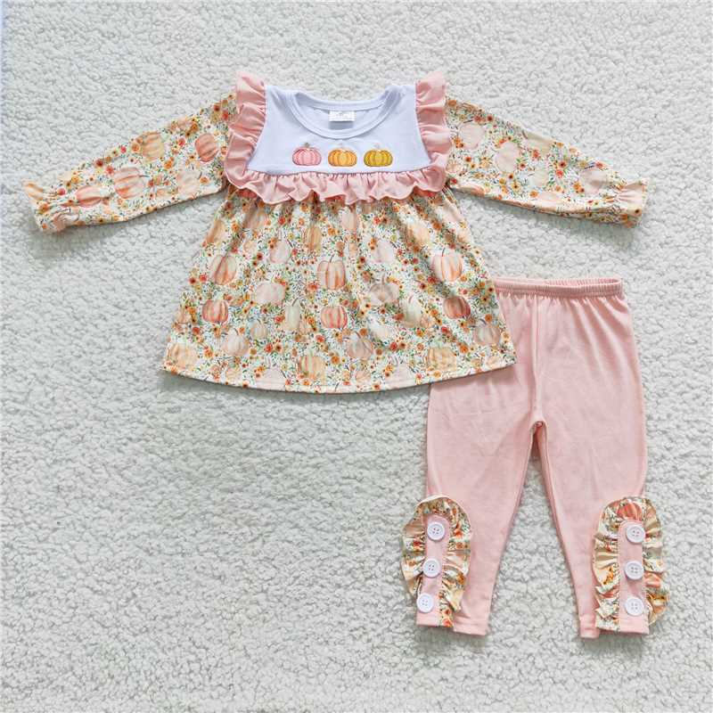 top & bell outfits embroidery pumpkin fall girls sets kids clothes