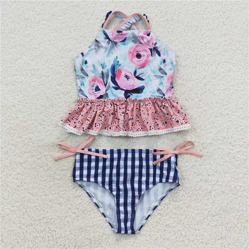 S0158 Floral lace blue plaid swimsuit set