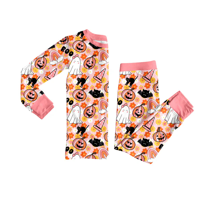 7.31preorder(moq 5) Baby Girls Long Sleeves Flowers Ghost Pumpkins Top Pants Pajamas Set