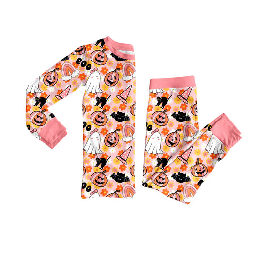 7.31preorder(moq 5) Baby Girls Long Sleeves Flowers Ghost Pumpkins Top Pants Pajamas Set