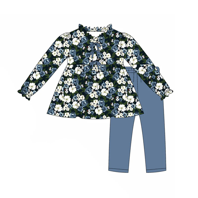 7.30Preorder(moq 5) Baby Girls Hot Blue Long Ruffle Sleeves Floral Tunic Legging Pants Set