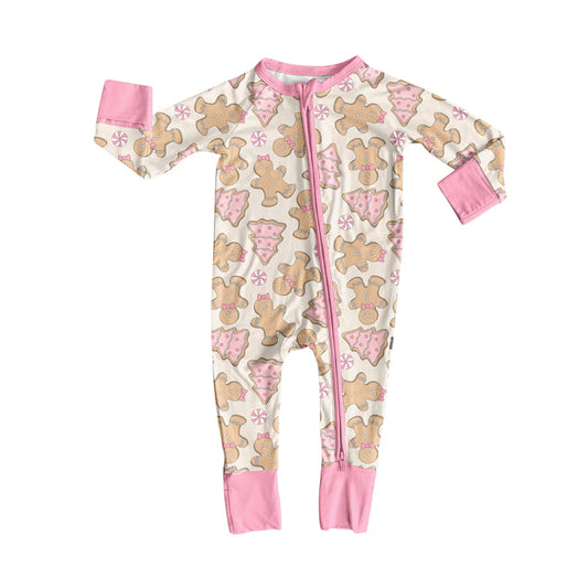 7.14Preorder (moq 5)Baby Girls Long Sleeves Pink Bows Gingerbread Trees Zipper Pant Romper