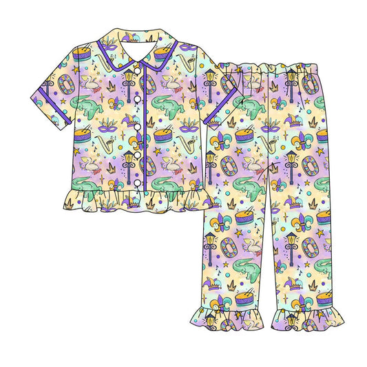 X919Preorder (moq 5)Baby Girls Anchors Crocodiles Button Top Ruffle Pants Mardigras Pajamas Sets