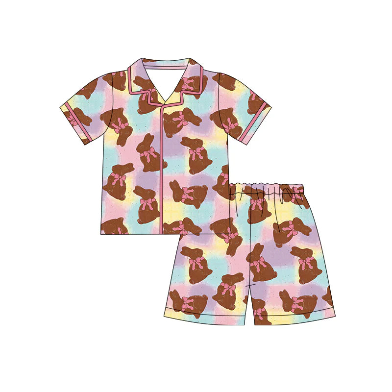 X12.18 Preorder (moq 5)Baby Girls Colorful Checked Bows Rabbits Button Top Shorts Easter Pajamas Sets