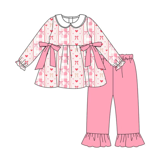 7.19Preorder (moq 5)Baby Girls Long Sleeves Pink Bows Hearts Stripes Tunic Ruffle Pants Set