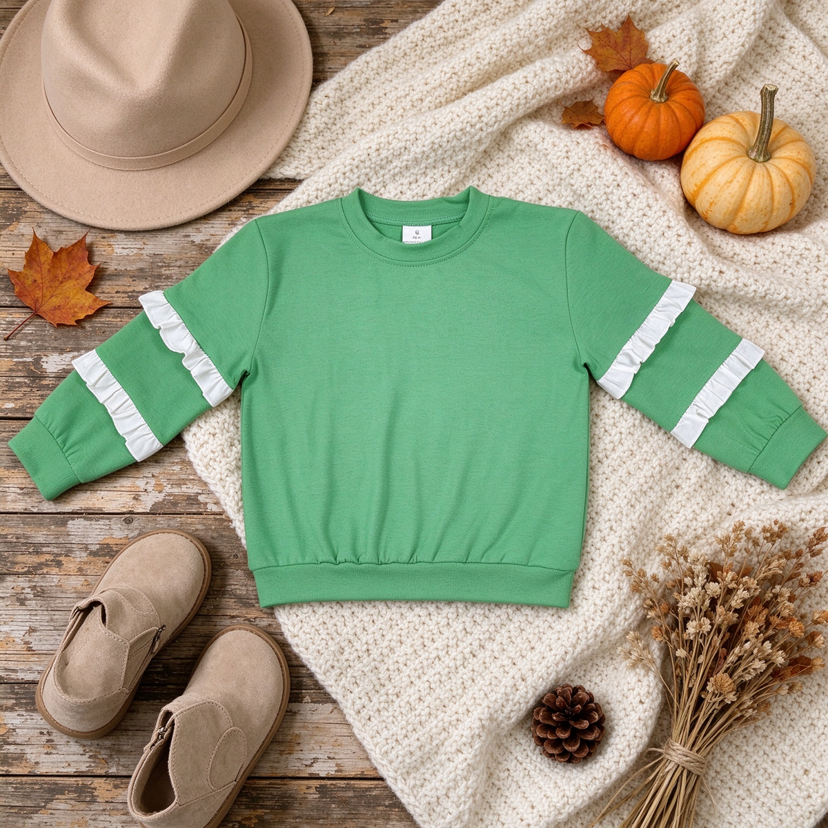 NEW RTS NO MOQ milk silk GT1858 Baby Girls Green White Patchwork Long Sleeve T-shirts Top