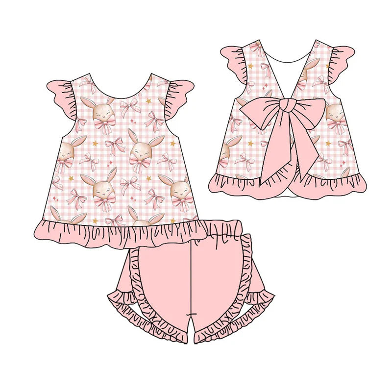 X11.17 Preorder(moq 5) Baby Girls Pink Bows Rabbits Checked Tunic Ruffle Shorts Easter Clothes Sets