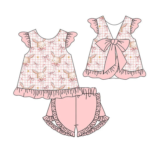 X11.17 Preorder(moq 5) Baby Girls Pink Bows Rabbits Checked Tunic Ruffle Shorts Easter Clothes Sets