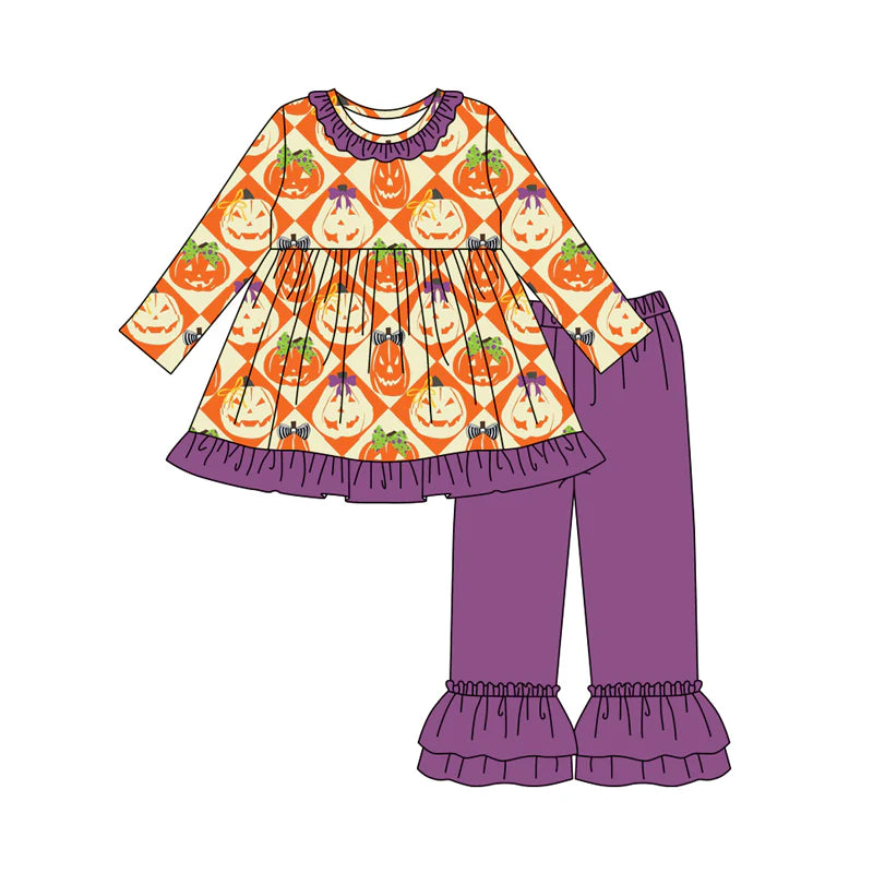 8.2Preorder (moq 5)Baby Girls Ghost Pumpkins Plaid Tunic Ruffle Pant Halloween Set