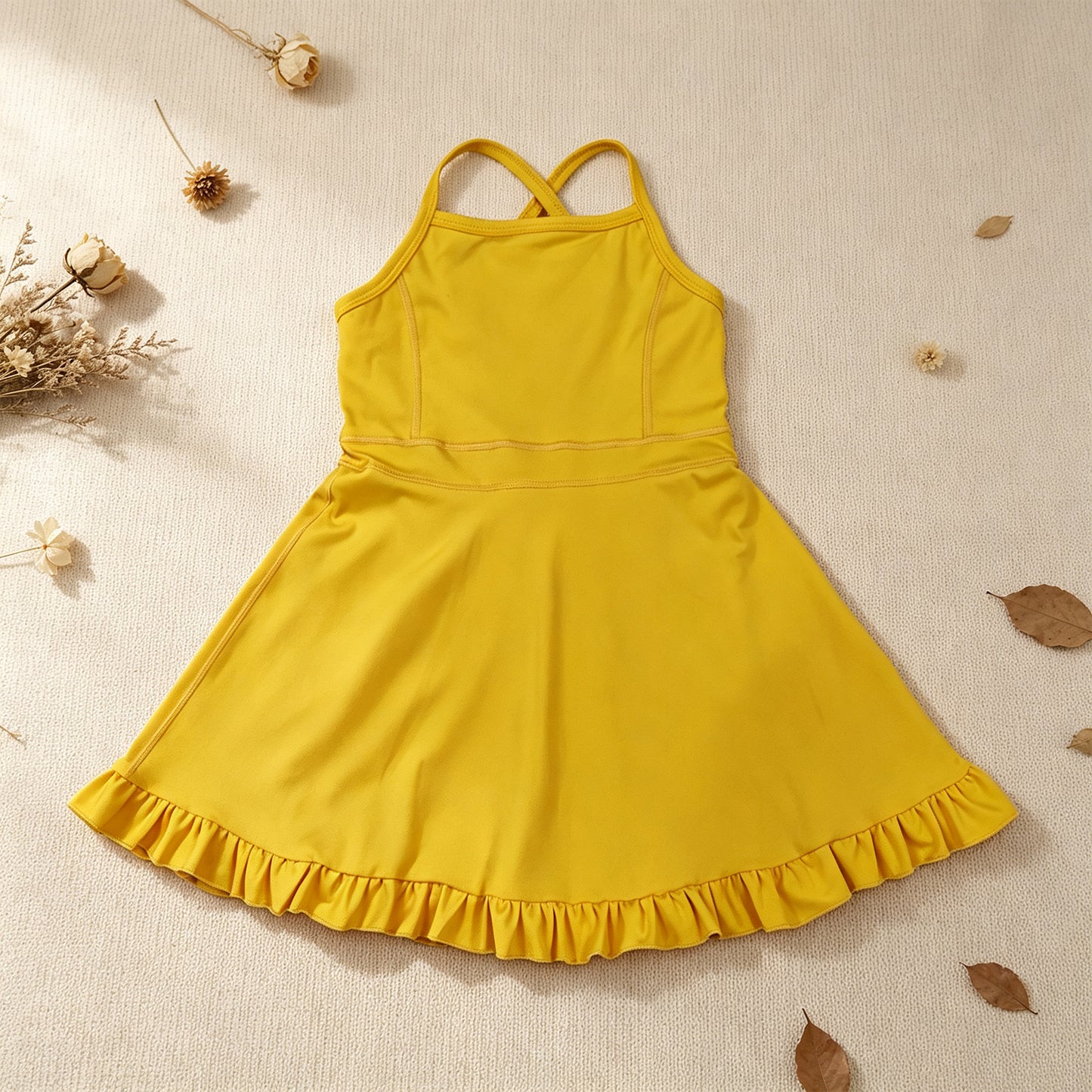 NEW RTS NO MOQ Yoga S0781 Baby Girls Yellow Athletic Active Wear Knee Length Dresses