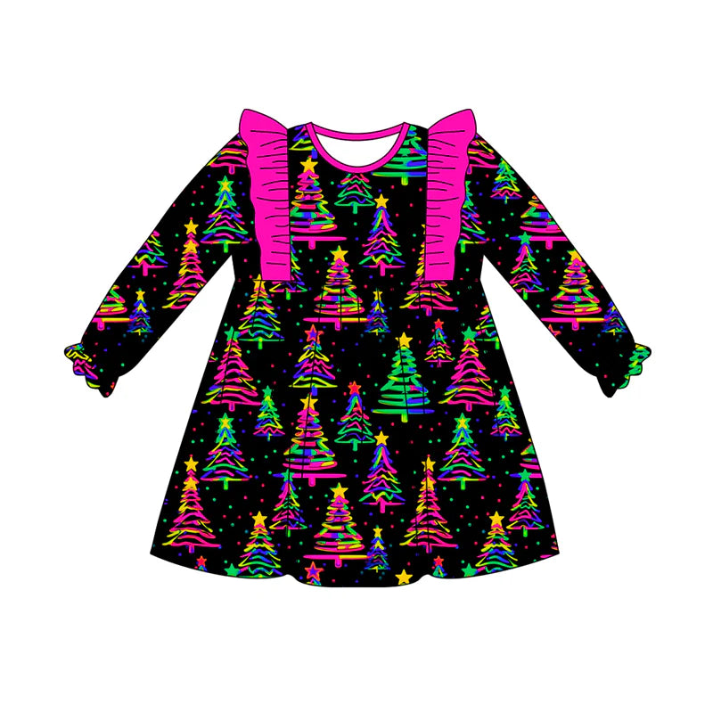 7.21Preorder (moq 5)Baby Girls Long Ruffle Sleeves Colorful Trees Stars Plaid Knee Length Dress
