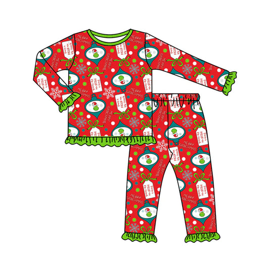 X917Preorder (moq 5)Baby Girls Long Ruffle Sleeves Cartoon Face Plaid Top Pants Pajamas Set