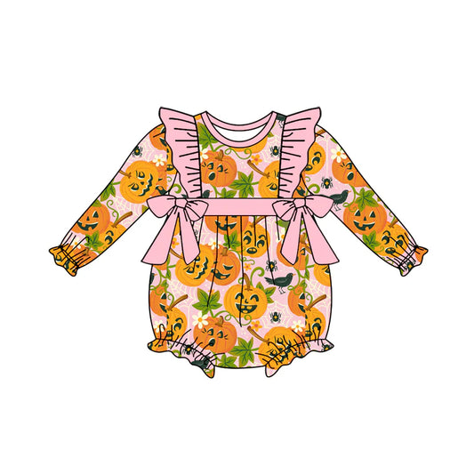 7.14Preorder (moq 5)Baby Girls Long Sleeves Ghost Pumpkins Floral Bows Ruffle Romper