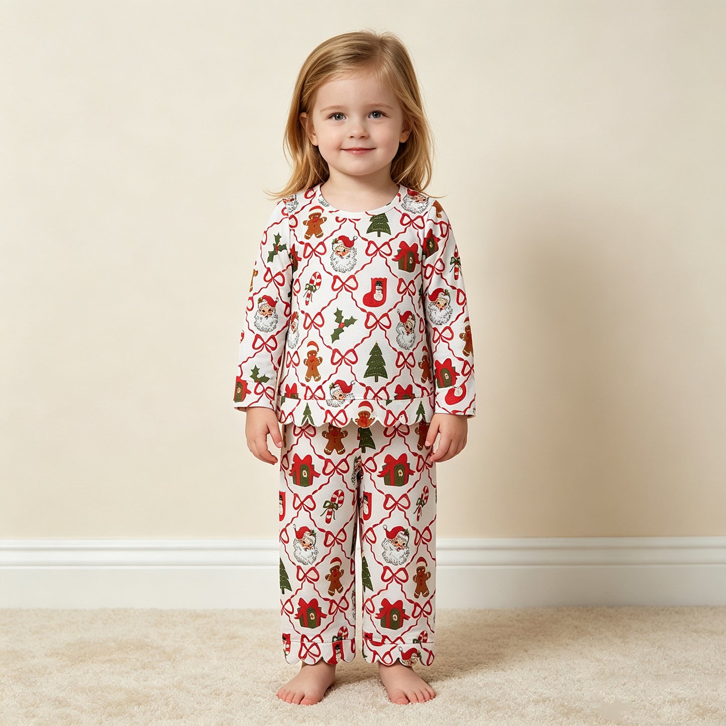 NEW RTS NO MOQ milk silk GLP3447 Baby Girls Santa Trees Bows Checked Top Flare Pant Christmas Scallop Clothes Sets