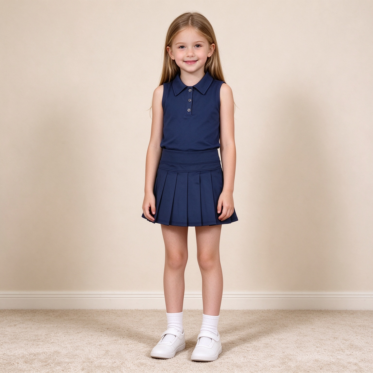 NEW RTS NO MOQ yoga fabric cotton GSD2796（GT1159+GLK0122）Baby Girls Navy Sleeveless Button Vest Top Pleated Skirt Short Yoga Casual Clothes Set