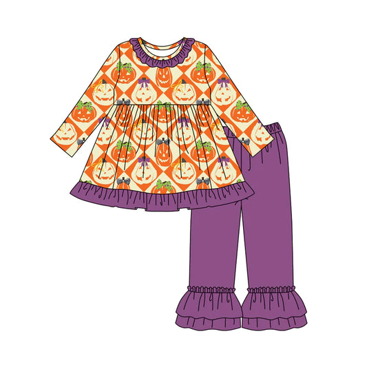 8.9Preorder (moq 5)Baby Girls Ghost Pumpkins Plaid Tunic Ruffle Pant Halloween Set