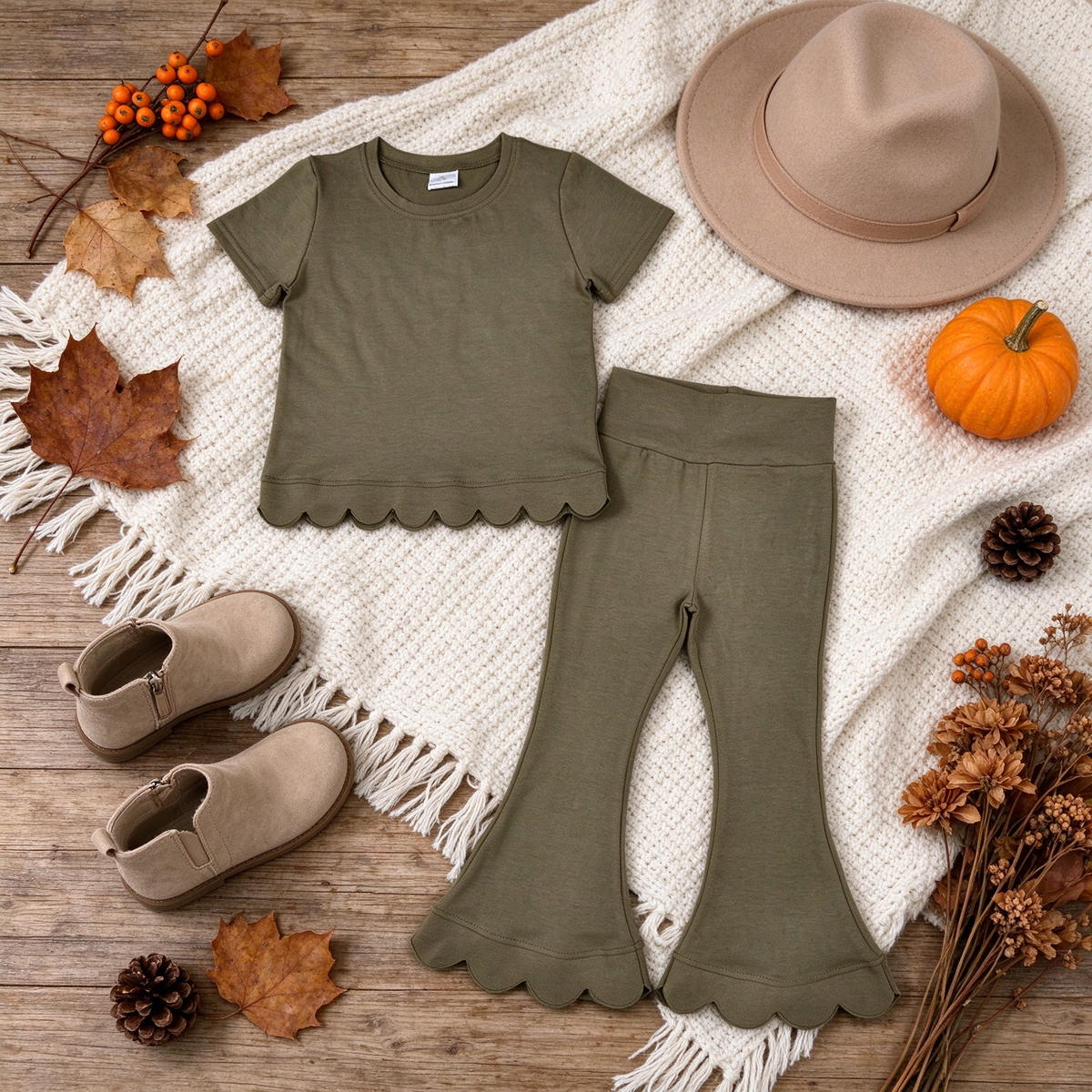 NEW RTS NO MOQ cotton GSPO2342（GT1772+P1080）Baby Girls Olive Short Sleeve Shirts Top Flare Pant Scallop Casual Set