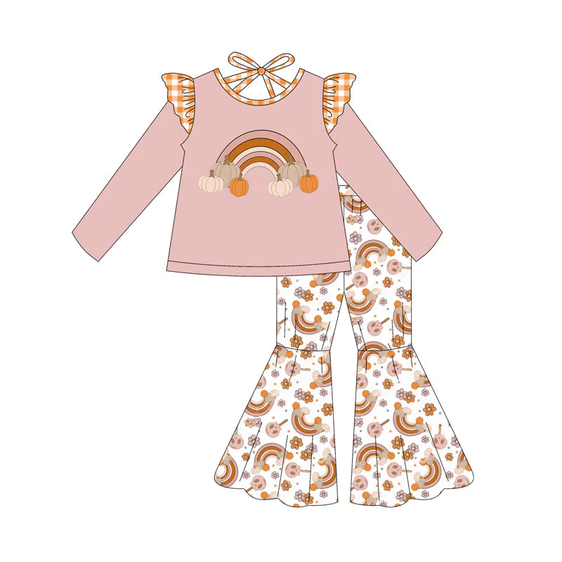 7.9Preorder (moq 5)Baby Girls Pink Long Sleeves Pumpkins Rainbows Top Bell Bottom Pant Clothes Set