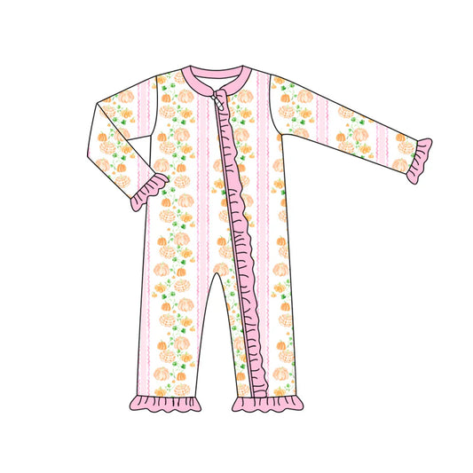 7.14Preorder (moq 5)Baby Girls Long Sleeves Pumpkins Stripes Ruffle Zipper Romper
