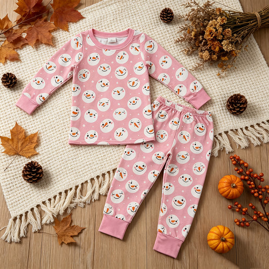 NEW RTS NO MOQ milk silk GLP3543 Baby Girls Pink Snowmen Top Pants Christmas Pajamas Sets
