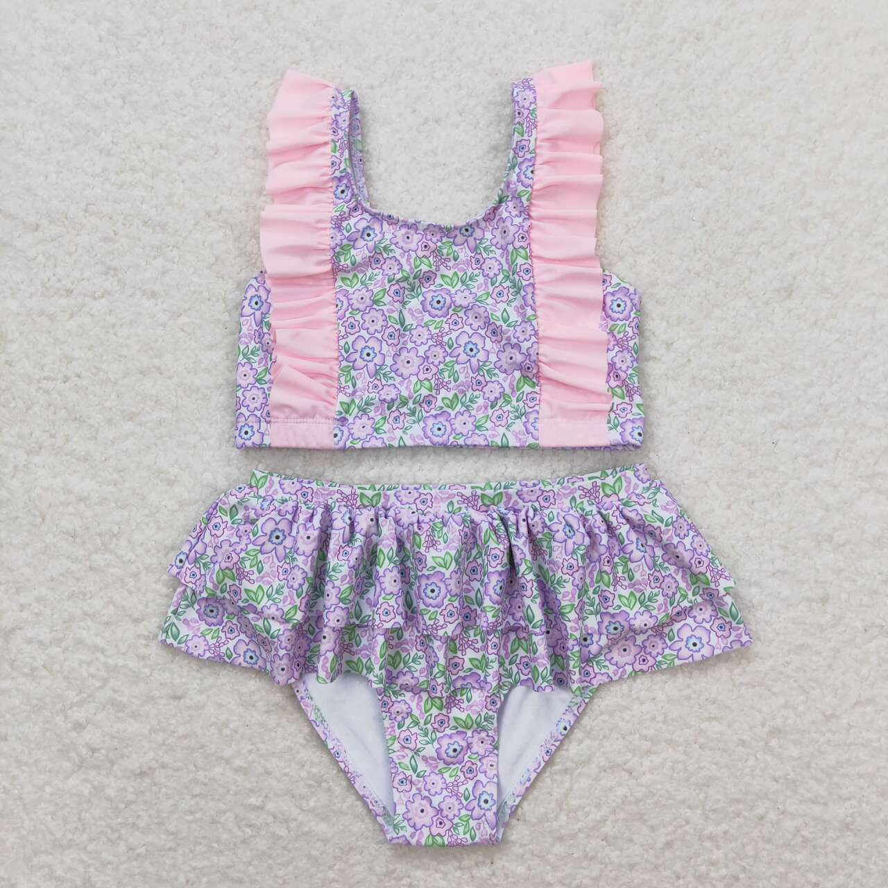 S0332 Pink and purple floral lace swimsuit set