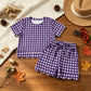 NEW RTS NO MOQ milk silk GSSO3841 Baby Girls Purple Checked Top Pockets Short Scallop Clothes Set