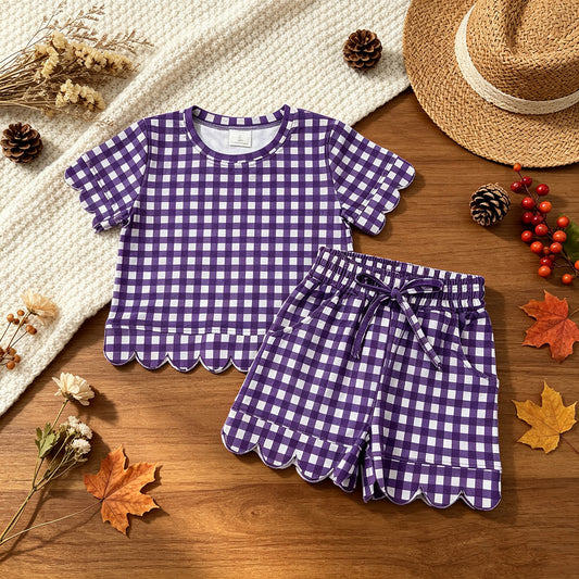 NEW RTS NO MOQ milk silk GSSO3841 Baby Girls Purple Checked Top Pockets Short Scallop Clothes Set