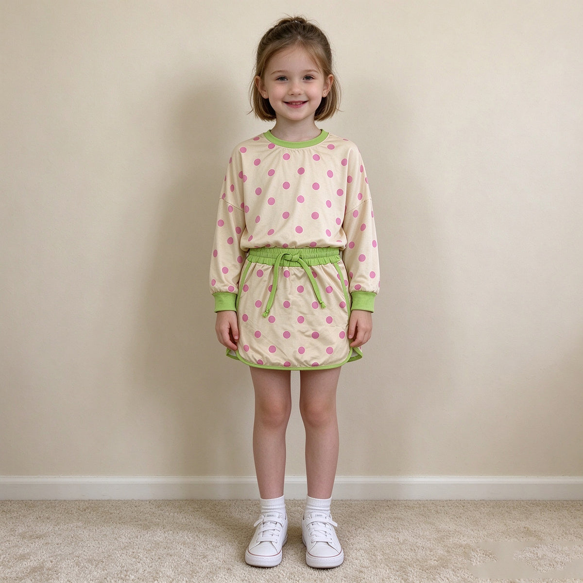 NEW RTS NO MOQ milk silk GLD1766 Baby Girls Green Yellow Polka Dots Long Sleeve Top Skirt Short Clothes Set