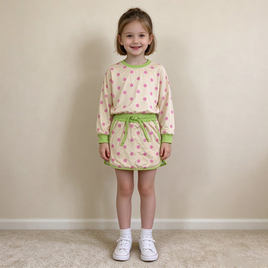 NEW RTS NO MOQ milk silk GLD1766 Baby Girls Green Yellow Polka Dots Long Sleeve Top Skirt Short Clothes Set