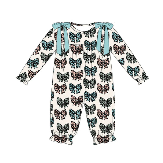 7.14Preorder (moq 5)Baby Girls Long Sleeves Colorful Leopard Bows Plaid Ruffle Pant Romper